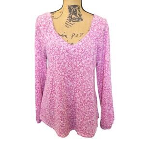 Medium Bobeau Lilac Knit Top, White Floral Print, Long Sleeve V-neck